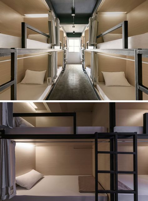 This modern hostel in Bangkok has rooms that are set up in a bunk bed arrangement, with each bunk having their own curtain and reading lamp. Sea Architecture, Bunker Bed, Bunk Bed Rooms, Hostels Design, Hostel Room, Capsule Hotel, Bunk Rooms, Bunk Bed Designs, Boarding House