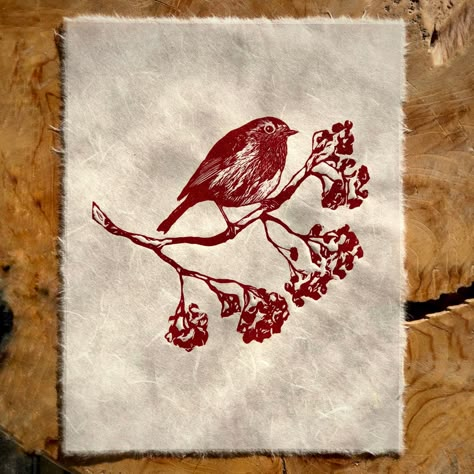 A Robin Redbreast standing on a snowy branch printed on delicate handmade mulberry paper with fluffy edges displaying a wintry scenery. Bird Linocut, Lino Cut Art, Robin Tattoo, Lino Block, Robin Redbreast, Linoleum Print, Lino Printing, Mulberry Paper, Lino Cut