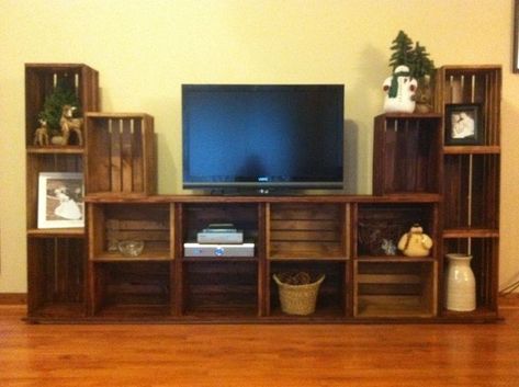 Diy Crate Entertainment Center, Wood Crate Tv Stand Living Rooms, Crate Entertainment Center, Plastic Milk Crate Entertainment Center, Wooden Crates Tv Stand, Crate Tv Stand, Basement Living, Basement Living Rooms, Wooden Crates