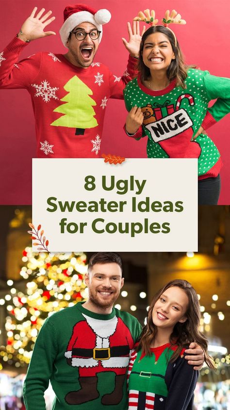 Want to stand out this holiday season? These 8 funny and creative ugly sweater ideas for couples are sure to make you the life of the party! #ChristmasCouple #HolidayOutfits #CoupleChristmasOutfits Diy Ugly Xmas Sweater Couples, Diy Couples Ugly Christmas Sweater Ideas, Ugly Christmas Sweater Ideas For Couples, Couples Ugly Sweater Ideas, Ugly Sweater Ideas For Couples, Funny Ugly Sweater Ideas, Couples Ugly Christmas Sweaters, Ugliest Christmas Sweater Ever, Ugly Sweater Ideas