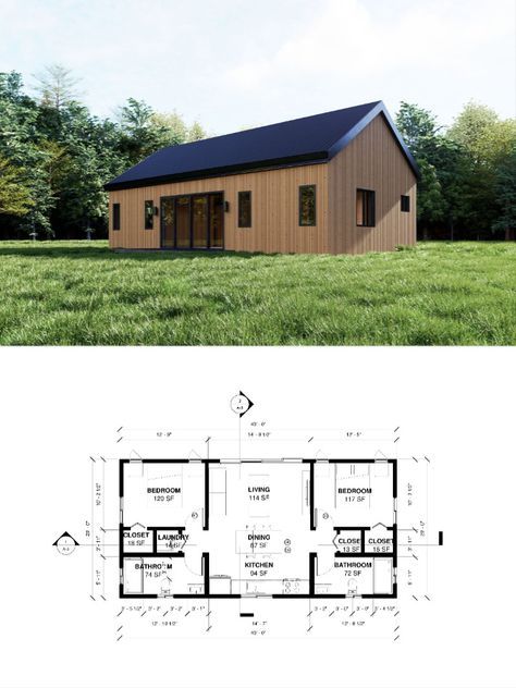 This beautiful modern cabin house plan is 20' X 40' (800 sq ft) 6m x 12m (75 S.Q.M.) and has two bedrooms and two bathrooms. The living area and kitchen in this contemporary-styled cottage have spacious windows, high ceilings, and an open floor layout. It allows you to enjoy wonderful views and have a bright interior thanks to its large sliding doors. When you buy this package, you receive all of the building's architectural drawings in PDF format. 20x40 Tiny House Plans, 40x24 House Plans, 20x40 Barndominium Floor Plans, 800 Sq Ft House Plans Open Floor, 1200 Sq Ft Barndominium Floor Plans, Small Shop House Plans, 20x45 House Plan, 30x30 House Plans With Loft, 700 Sq Ft House Plans