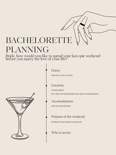 Being a MOH you want to give the bride the most epic-thoughtful-fun-relaxing-care-free bachelorette as possible. We've compiled a list of all the logistics you need to know to plan the party. So you can focus on the fun stuff instead of the 'how do I plan a bachelorette party' question. This is a downloadable PDF meant for you to fill out. We suggest bringing together two additional friends to make the planning fun. Bachelorette Party Questions, Bachelorette Planning, Bachelorette Party Planning, Cheat Sheet, Weekend Vibes, Cheat Sheets, Love Your Life, Energy Level, Plan A