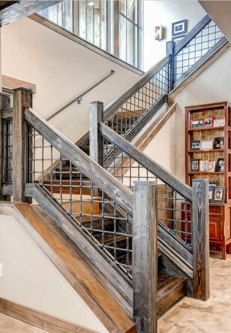 Vertical Cable Railing Interior, Barnodium Homes Interior, Barndominium Stairs, Loft Railing Ideas, Cabin Stairs, Staircase Layout, Indoor Stairs, Loft Railing, Farmhouse Stairs