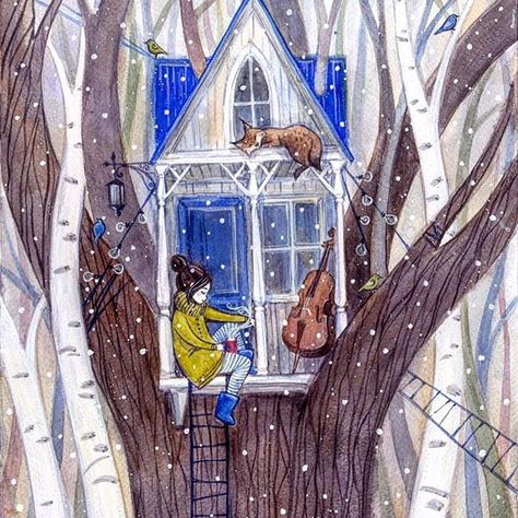 illustration by Anna Speshilova @annaspeshilova Winter Illustrations, Fairy Tree Houses, Fairy Tree, Winter Illustration, House Illustration, Art Et Illustration, Christmas Illustration, Book Illustrations, Illustration Artists