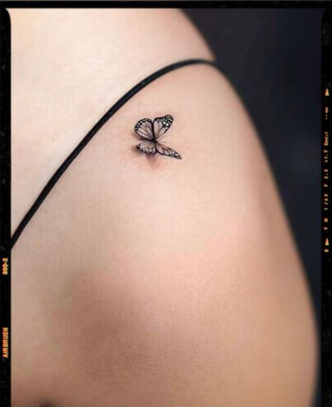 3d Butterfly Tattoo On Shoulder, Tiny Detailed Butterfly Tattoo, Small Realistic Butterfly Tattoo, Real Butterfly Tattoo, Tiny Butterfly Tattoos For Women, Butterfly Shadow Tattoo, Small Colorful Butterfly Tattoo, Small Rose Tattoo On Shoulder, Small Butterfly Tattoo Color