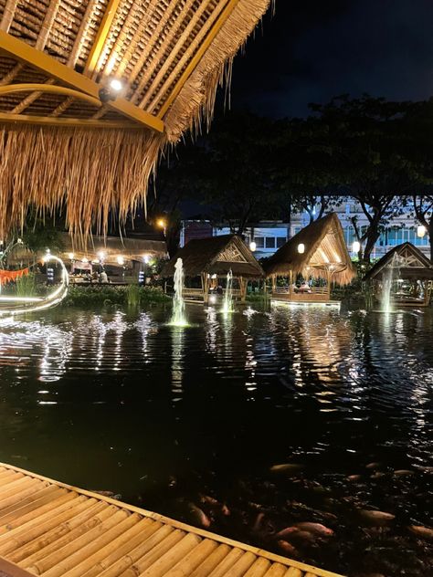 bale udang restaurant on water pond floating hut koi fish lights reflection bamboo bali indonesia holiday vacation idea Fish Pond Restaurant, Restaurant On Water, Fish Lights, Farm Restaurant, Water Pond, Fish Pond, Restaurant Interior Design, Holiday Vacation, Restaurant Interior