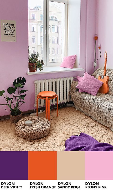 Lavender And Orange Living Room, Purple And Peach Bedroom, Lilac Kids Bedroom, Purple And Orange Bedroom, Purple Bedroom Paint, Purple And Yellow Bedroom, Orange Kids Rooms, Pink And Purple Bedroom, Lilac Bedroom