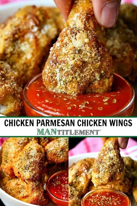 This easy recipe for Baked Parmesan Chicken Wings tastes just like a bite of chicken parmesan! Use your favorite marinara sauce for dipping! #chickenwings #chickenparmesan #appetizersrecipe #bakedwings Parmesan Chicken Wings Baked, Oven Baked Wings, Sweet Chili Chicken Wings, Easy Chicken Wing Recipes, Football Foods, Slow Cooker Chicken Wings, Best Chicken Wing Recipe, Easy Chicken Wings, Baked Garlic Parmesan Chicken