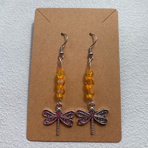 Handcrafted Dragonfly Dangle Earrings Drop Earrings Stainless Steel Fishhook Dangle Earring Finding For Pierced Ears Silvertone With Orange Beads Rubber Back Perfect Floral For Spring Or Summer Great Gift For Birthday Mother's Day Easter Or Any Occasion Bright Happy Sunny Retro Boho Hippie Vibe Approximate Measurements Shown Colors Depicted Are Approximate And May Vary Due To Computer Or Phone Screen Settings Pumpkins Crafts, Diy Pumpkins Crafts, Diy Pumpkins, Steampunk Earrings, Hand Painted Earrings, Earrings Handmade Dangle, Painted Earrings, Dragonfly Earrings, Swarovski Crystal Earrings