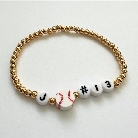 BASEBALL Bracelet Player's Initial and Number. 14k Gold Plated Beads Accented With Acrylic Beads. Baseball is Made Out of Polymer Clay. - Etsy Baseball Clay Bead Bracelet, Softball Bracelet, Baseball Bracelet, Mom Bracelet, Sports Bracelet, Team Mom, Moms Bracelet, Bead Charms Diy, Clay Bracelet