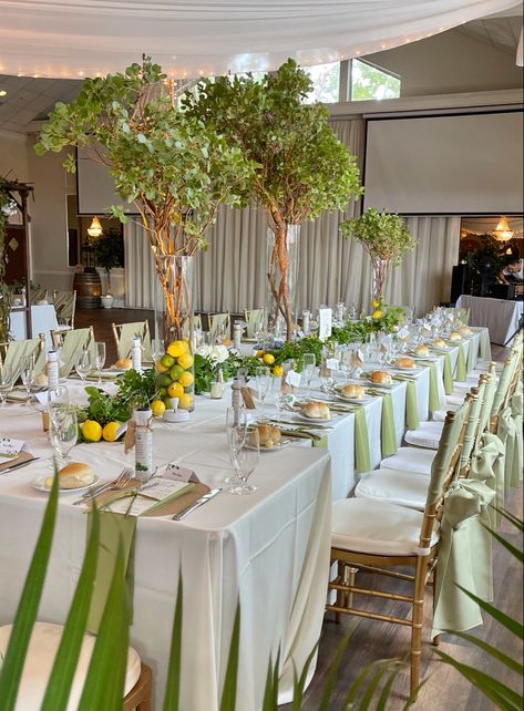 Lemon Leaf Bouquet, Lemon Tree Wedding Decor, Lemon And Lime Centerpieces, Big Centerpieces, Lime Centerpiece, Greenery Tablescape, Tree Wedding Centerpieces, Wedding Tree Decorations, Lemons And Limes