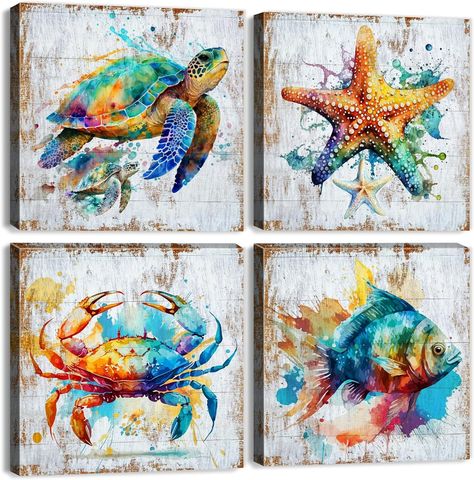 Amazon.com: Sea Turtle Bathroom Decor Ocean Beach Wall Art Watercolor Fish Crab Starfish Wall Decor Colorful Sea Animal Canvas Pictures Coastal Ocean Life Artwork Bedroom Living Room Home Decoration 12x12" 4Pcs: Posters & Prints Sea Turtle Bathroom Decor, Sea Turtle Bathroom, Turtle Bathroom Decor, Paintings Ocean, Turtle Bathroom, Watercolor Fish, Ocean Life, Sea Animals, Sea Turtle