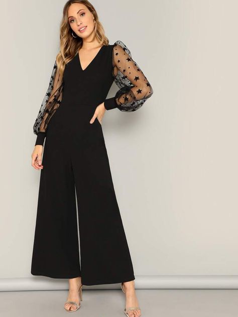 Wide Leg Jumpsuit Outfit, Formal Jumpsuit, Jumpsuit Outfit, Galaxy Print, Outfit Trends, Mesh Sleeves, Style Noir, Mode Online, Jumpsuit Fashion