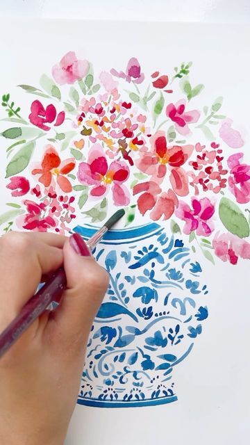 Watercolour Art Ideas Easy, Galentines Paint, Postpartum Art, Watercolour Bouquet, Flower Vase Drawing, Watercolor Painting Easy, Painting Learning, Watercolor Hydrangea, Watercolor Workshop