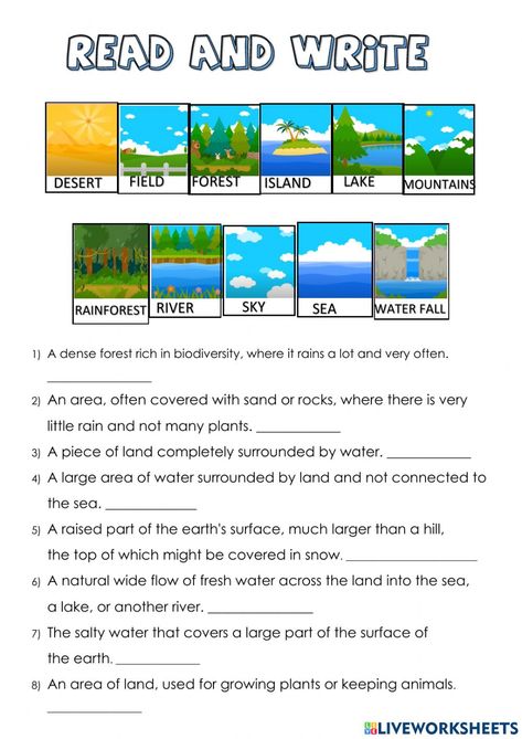 Geographical Features Worksheet, Landscape Vocabulary, Nature Worksheets, Nature Worksheet, Create Worksheets, Study Craft, Creative Worksheets, Geographical Features, English Activities For Kids