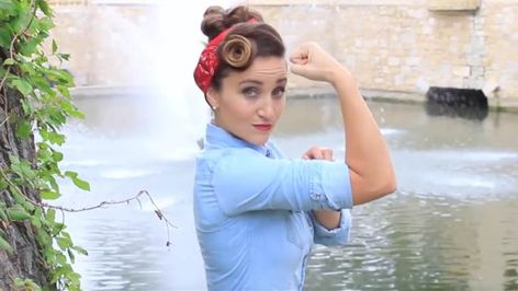 Rosie The Riveter Halloween Costume, Rosie The Riveter Halloween, Halloween Makeup Diy Tutorial, Rosie The Riveter Costume, High Pigtails, Glitter Hair Spray, Loose Ponytail, Half Ponytail, Halloween Makeup Diy