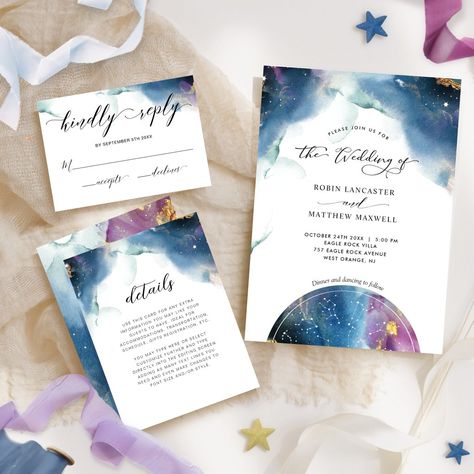 Elegant, Modern Celestial Constellations Wedding Invitation Jewel Tone Wedding Invitations, Moon Wedding Theme, Celestial Wedding Invitations, Constellation Wedding, Unique Table Numbers, Celestial Wedding Theme, Starry Wedding, Mystic Garden, Marriage Invitation