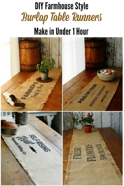 DIY Rustic farmhouse decor burlap table runners tutorial with Knick of Time's Vintage Sign Stencils | www.knickoftime.net Burlap Table Runner Diy, Traditional Farmhouse Decor, Diy Rustic Farmhouse, Farmhouse Design Ideas, Diy Crafts Vintage, Rustic Decorations, Table Runner Diy, Vintage Table Runner, Burlap Table