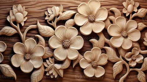 Generative AI, Carving natural wooden flowers, 3d pattern, brown and beige background Flowers 3d, Flower Carving, Wooden Flowers, 3d Pattern, Brown And Beige, Beige Background, Daisy Flower, Fun Crafts, 3 D