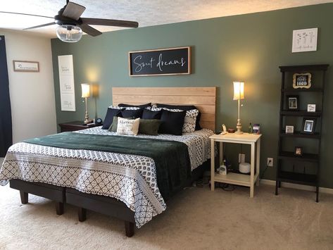 Modern bedroom with custom built plank headboard. Sherwin Williams Dryed Thyme accent wall. Bedroom Ideas For Couples Accent Wall, 2 Accent Walls In Bedroom, Dried Thyme Sherwin Williams Bedroom, Dried Thyme Sherwin Williams, Sherwin Williams Dried Thyme, Plank Headboard, Bedroom Teal, Teal Accent Walls, Half Bathroom Decor