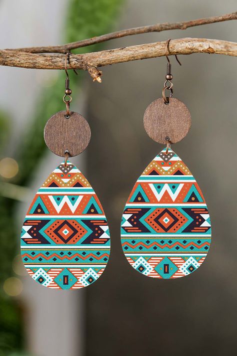 $1.8 Multicolor Waterdrop-Shape Aztec Printed Hook Earrings Wholesale Western Pattern, Unique Boots, Boots Patterns, Hot Picks, Pumpkin Earrings, Printed Jewelry, Hook Design, Aztec Pattern, Wooden Pendant