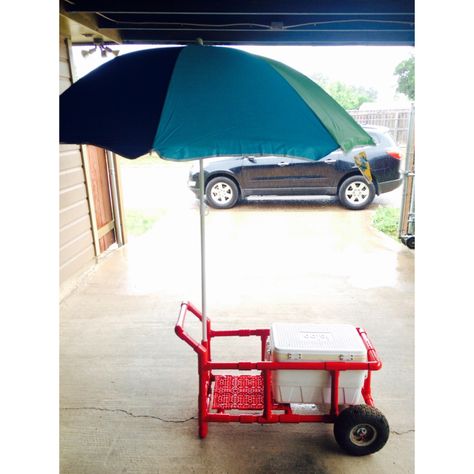 Pvc Beach Cart, Diy Beach Cart, Beach Cart Diy, Outside Playground, Fishing Cart, Umbrella Hat, Fishing Umbrella, Dog Washing Station, Pvc Pipe Projects