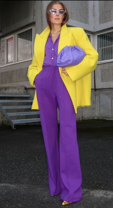 Complementary Colours Outfit, Complementary Colors Outfit, Yellow Purple Outfit, Purple Yellow Outfit, Yellow And Purple Outfit, Purple And Yellow Outfit, Complementary Colors Fashion, Complementary Outfit, Casual Office Attire