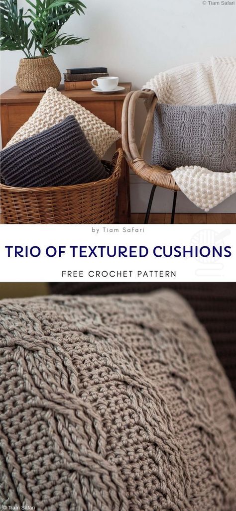 Trio of Textured Cushions Free Crochet Pattern  These three textured cushions go very well together and will be amazing addition to your living room. Handmade style is on trend now, so you can be sure that it's up to date. Go for classic monochrome palette or try something bold and crazy!  #crochetpillow #crochetforhome Cushions Crochet, Crochet Couch, Textured Cushions, Crochet Pillow Patterns Free, Start Crocheting, Textured Crochet, Crochet Cushion Cover, Pillow Crafts, Crochet Pillow Pattern