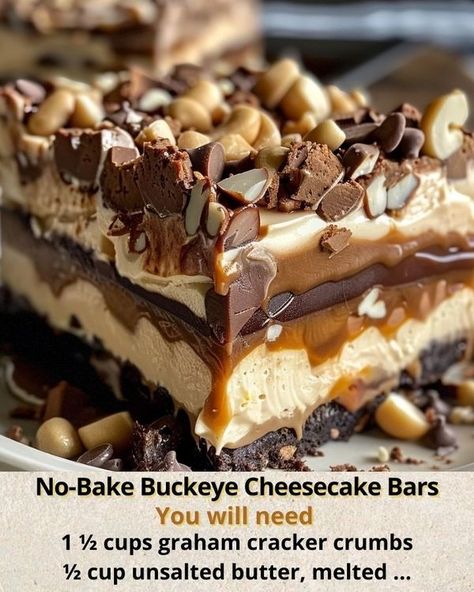 Cheesecake Brownie Bars Recipes, No Bake Buckeye Bars, No Bake Buckeye Cheesecake Bars, Buckeye Cheesecake Bars, Buckeye Cheesecake, Colorado Recipes, Buckeye Balls, Cheesecake Bar, Creamy Salad