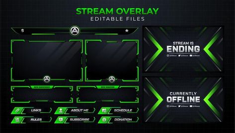 Twitch gaming streaming panel overlay gr... | Premium Vector #Freepik #vector #background #abstract #modern #youtube Stream Template, Computer Gaming Room, Stream Overlay, Gaming Banner, Twitch Overlay, Diy Templates, Background Abstract, Green Design, Initial Letters