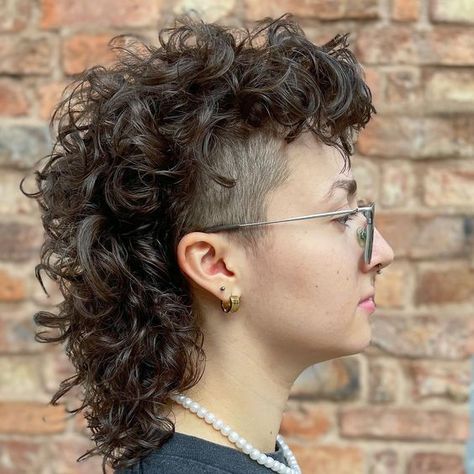 Curly Hair Short Styles Women, Curly Hair Deathhawk, Long Curly Mohawk For Women, Mohawk With Sideburns, Curly Mullet With Undercut, Wavy Short Mullet Women, Curly Mohawk Women, Curly Hair Mohawk Women, Womens Short Curly Hair