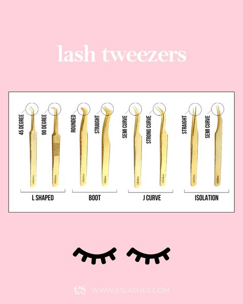 image showing the different styles of lash extension tweezers some are curved for volume lash extensions and others straight for isolating natural lashes. Lash Isolation, Lash Extension Tweezers, Lash Babe, Best Tweezers, Lash Extension Training, Lash Technician, Lash Application, Lashes Tutorial, Lash Tweezers