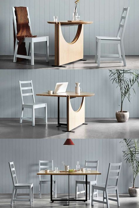 Looking for a versatile table that can adapt to your needs? Look no further than the drop-leaf table. This ingenious design features folding leaves that allow you to configure the table in multiple ways, giving you a dining space, working space, or party space when and where you need it. Plus, the minimalist design means it won't take up unnecessary counter or floor space. So go ahead and "drop" this table into your life - it's sure to make things more functional and convenient! Multifunction Dining Room, Transforming Tables Small Spaces, Multipurpose Dining Table, Detachable Furniture, Functional Furniture For Small Spaces, Folding Dinner Table, Folding Table Design, Adaptable Furniture, Transforming Table