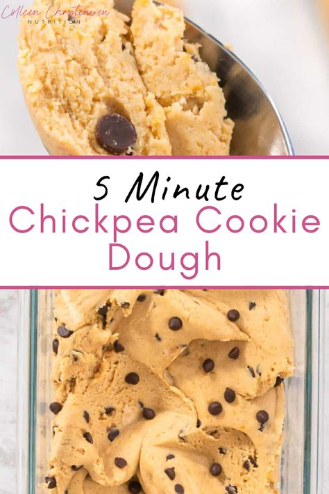 Chickpea cookie dough is a nourishing snack that packs a protein and fiber punch! An edible chocolate chip vegan cookie dough recipe that takes only 5 minutes to make! Chickpea Chocolate Chip Cookies, Chickpea Cookie Dough, Chickpea Cookies, Cookie Dough To Eat, Vegan Cookie Dough, Raw Cookie Dough, Cookie Dough Recipes, Edible Cookies, Edible Cookie Dough