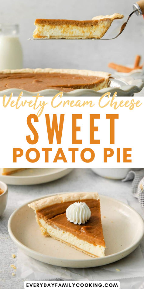 Indulge in the delightful combination of sweet potatoes and cream cheese with this pie recipe. It's a perfect treat for those who enjoy a rich and creamy dessert, showcasing the unique flavors of sweet potatoes with a cream cheese twist. Sweet Potato And Cream Cheese Recipes, Sweet Potato Cream Cheese Pie, Cream Cheese Sweet Potato Pie, Cream Cheese Sweet Potato, Potatoes And Cream Cheese, Sweet Potato Cream Cheese, Potatoes And Cream, Homemade Pie Recipes, Sweet Potato Cheesecake