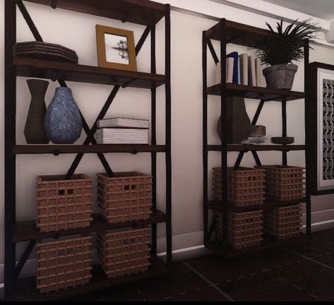 Bloxburg Shelves Ideas, Bloxburg Modern Exterior Ideas, Modern Farmhouse Bathroom Bloxburg, Bloxburg Modern Farmhouse Interior, Bloxburg Shelf Decor Ideas, Bloxburg Industrial House, Bloxburg Interior Ideas Living Room, Entryway Bloxburg, Living Room Designs Bloxburg