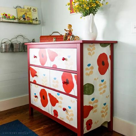 18 Stylish Ideas That'll Perk up a Bland Bedroom | Hometalk Dresser With Wallpaper, Wallpaper Dresser, Add Wallpaper, Colorful Bookshelf, Quirky Wallpaper, Project Furniture, Velvet Bed Frame, Dresser Refinish, Dresser Redo