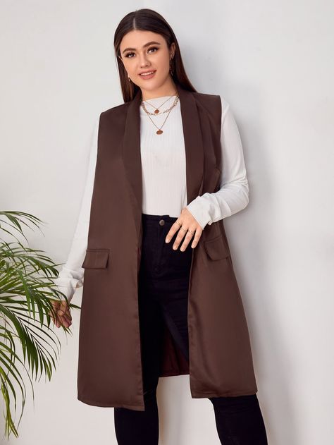 Chocolate Brown Elegant  Sleeveless Polyester Plain Vest Embellished Non-Stretch Spring/Fall Plus Size Suits Plus Size Blazers, Plain Vest, Open Front Vest, Plus Size Suits, Plus Size Blazer, Fall Plus Size, Outfit Primavera, Vest Blazer, Outfits Verano