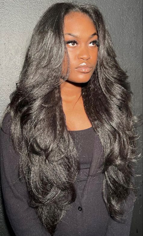 Layered Blowout Hair Black Women, Long Curtain Bangs Black Women, Yaki Weave Sew Ins, Volume Hair Black Women, Yaki Sew In Weave With Leave Out, Face Framing Layers Black Women, Yaki Sew In, Long Layered Hair Black Women, Layers For Long Hair Black Women