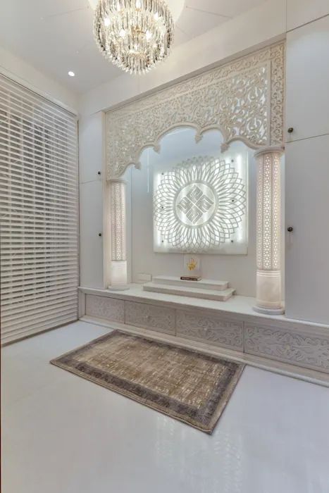 Ayodhya bungalow modern walls & floors by innerspace modern | homify Luxury Pooja Room Design, Tile Swimming Pool, Wall Niches, Mandir Designs, Muslim Prayer Room Ideas, Temple Room, Marble Temple, Niche Modern, Mandir Design