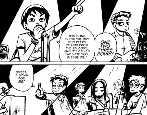 "This song is for the guy who keeps yelling from the balcony, and it's called 'We Hate You, Please Die'." Crash And The Boys Scott Pilgrim, Honest Eds, Wallace Wells, Just Like Me Fr, Bryan Lee O Malley, Scott Pilgrim Comic, Bryan Lee, Monkeys Band, Jamie Hewlett