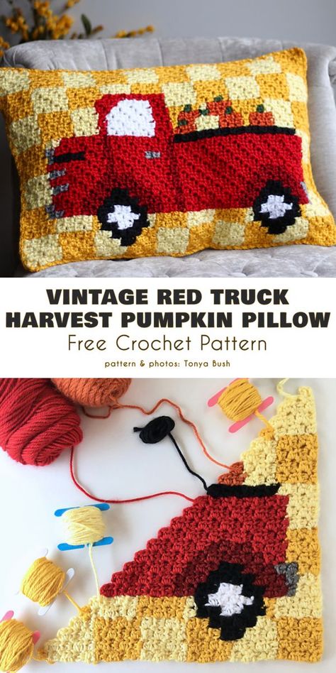 Vintage Red Truck Harvest Pumpkin C2C Pillow It's a wonderful pillow for a kid's room, or for a living room where kids play. Crochet Kids Room Decor, Fall Crochet Pillow Patterns Free, Red Truck Pillow Knitting Patterns Free, C2c Car Blanket, Crochet Graphgan Patterns Free, Crochet Truck Pillow, Crochet Graphgan Pillow, C2c Pillow, C2c Truck Blanket