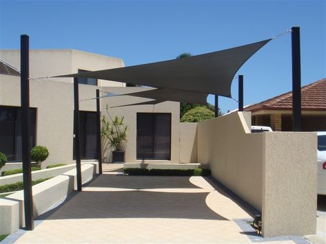 Charcoal driveway shade sail. Z16 shade cloth from Rainbow Shade. Parking Design Home, Car Parking Design Home, Carport Shade, Car Parking Design, Car Parking Shade, Sun Sail, Pool Shade, Sail Shade, Pergola Attached To House