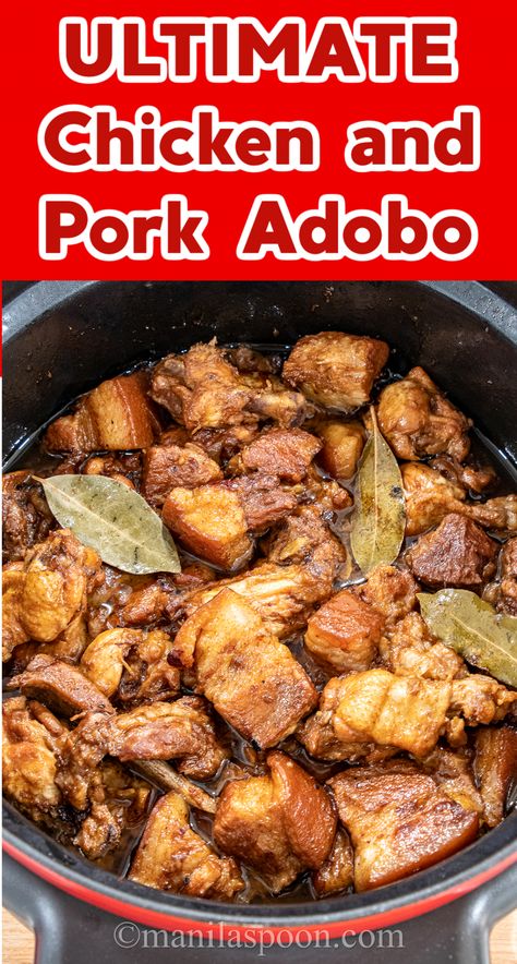 Chicken Pork Adobo Recipe, Chicken And Pork Adobo, Pork Bellies, Chicken Adobo Filipino, Pork Adobo Recipe, Filipino Adobo, Flexitarian Recipes, Philippines Recipes, Pork Adobo