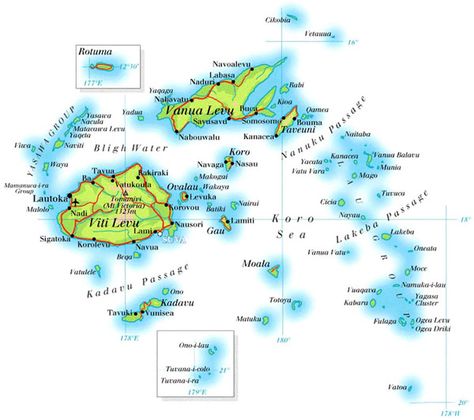 Detailed physical map of Fiji with roads and cities. Fiji Map, Physical Map, Fiji Islands, Australia Map, Island Map, Coral Reefs, All Countries, Topographic Map, Geography