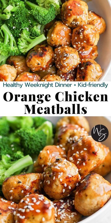 Orange Chicken Meatballs are a great option for any weeknight! Made with simple, real-food ingredients and are kid-friendly! The sauce is amazing too! Serve with broccoli or cauliflower rice to keep it Whole30/Paleo, but if you aren't concerned with that then feel free to serve with regular rice. Either way these are delicious - you are going to want to make extra for leftovers! #HealthyChineseFood #Whole30ChineseFood #PaleoChineseFood #TheWoodenSkillet Whole30 Broccoli, Orange Chicken Meatballs, Paleo Orange Chicken, Whole 30 Meatballs, Asian Chicken Meatballs, Whole30 Dinner Recipes, Sesame Chicken Recipe, Broccoli Chicken, Whole30 Dinners