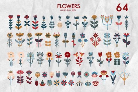 Folk Scandinavian Flowers and Leaves Scandi Flowers, Scandinavian Flowers, Snow Flower, No Rain No Flowers, Printable Illustrations, Flowers And Leaves, Flower Tattoos, Creative Fabrica, Linux