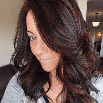 Dark Auburn Lowlights In Brown Hair, Auburn Streaks In Black Hair, Dark Brown Hair With Reddish Highlights, Auburn Hair Lowlights, Auburn Brown Hair Balayage, Auburn Fall Hair Color, Subtle Auburn Highlights In Brown Hair, Dark Brown And Copper Hair, Cinnamon Lowlights