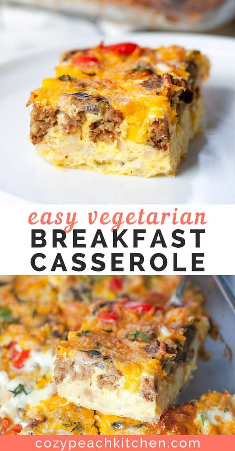 You'll love how easy it is to make this vegetarian breakfast casserole! This healthy recipe is easy to make ahead for Christmas morning breakfast and is loaded with hashbrowns, eggs, veggie sausage, and peppers and mushrooms. #vegetarianrecipes #vegetarian #breakfastcasserole #breakfast Casserole With Hashbrowns, Breakfast Casserole With Hashbrowns, Vegetarian Breakfast Casserole, Vegetarian Sausages, Veggie Sausage, Hashbrown Breakfast Casserole, Low Carb Meal, Christmas Morning Breakfast, Vegetarian Breakfast Recipes