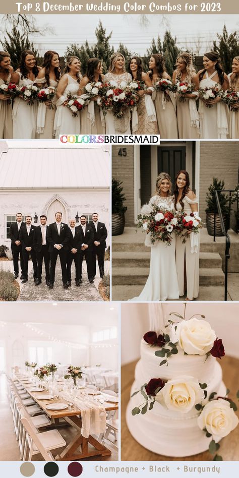 20+ Best December Wedding Colors Combos Ideas - ColorsBridesmaid Champagne Black And Burgundy Wedding, Champagne And Wine Wedding Theme, Champagne And Wine Wedding, Maroon Champagne Wedding, Maroon And Champagne Wedding, Red Champagne Wedding, Champagne Black And White Wedding, Red And Champagne Wedding, Champagne And Burgundy Wedding